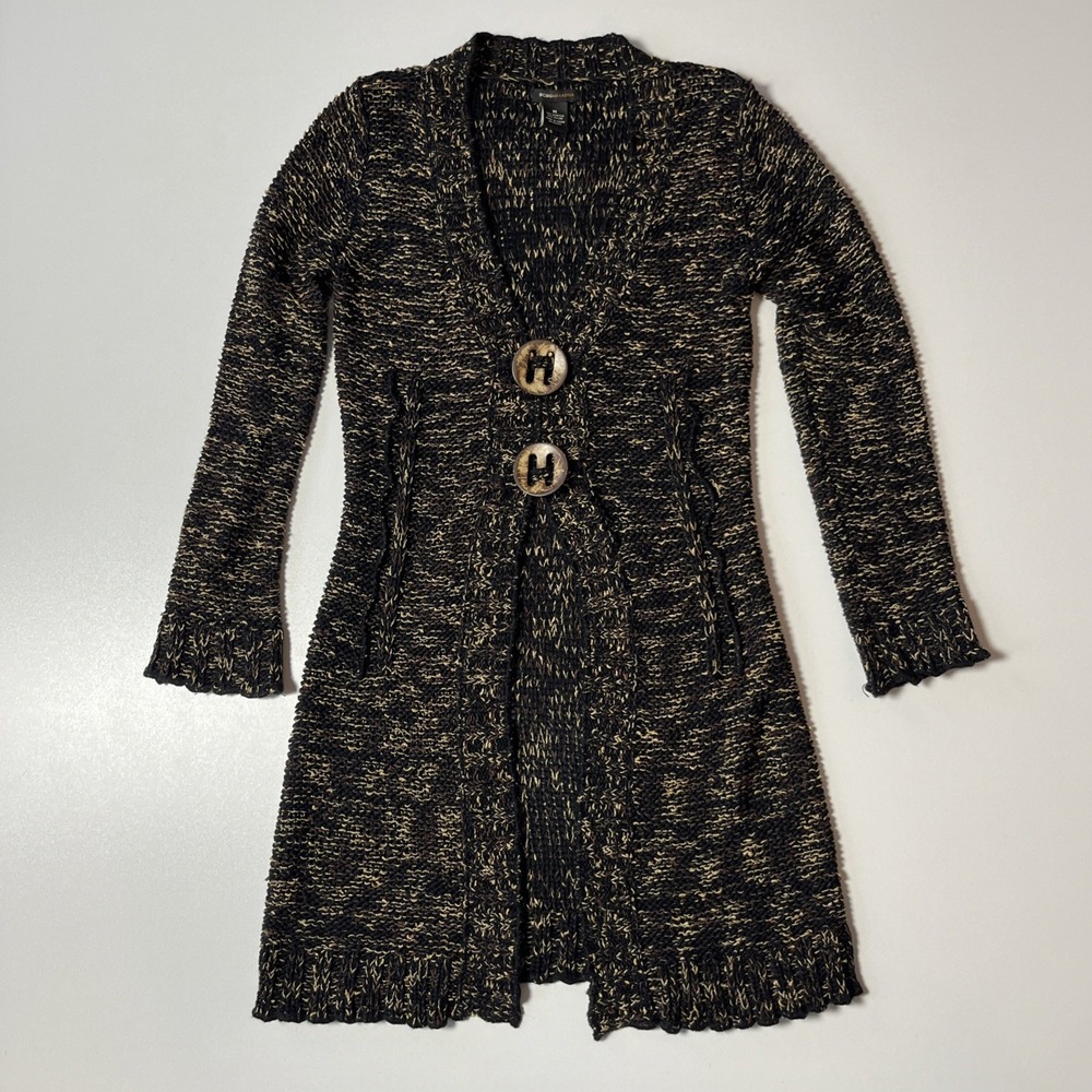 BCBG Maxazria Long Knit Cardigan Size M Black Brown Button y2k Fairycore Duster - Picture 2 of 6